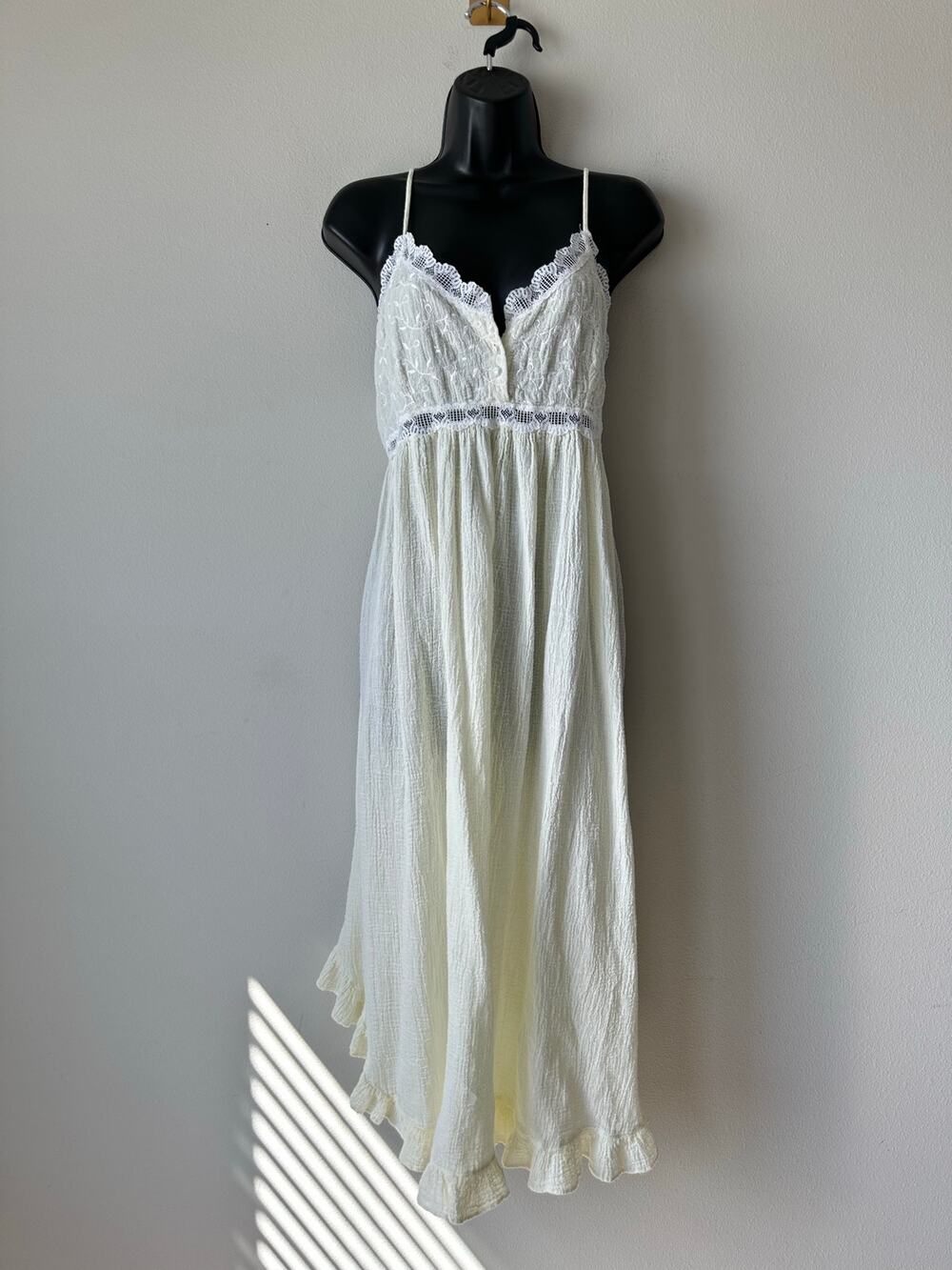 Vintage Delicates Yellow Cotton Gauze Lace Maxi Nightgown Dress Medium
